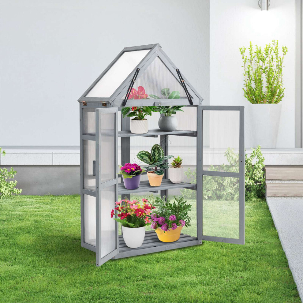 BIRCHTREE 3 Tier Wooden Frame Greenhouse Flower Vegetable Planting Cupboard Grey