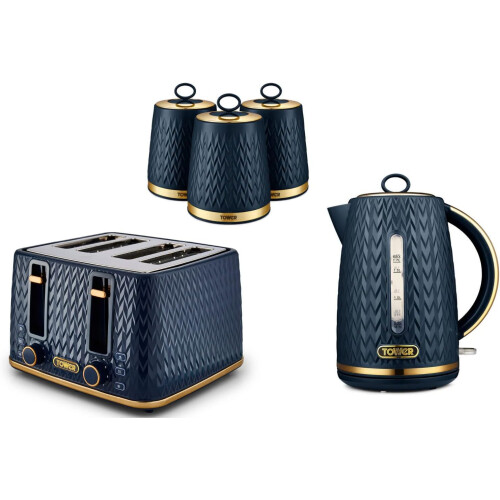 Tower Tower Empire Kettle, 4 Slice Toaster & Canisters Kitchen Set Blue)