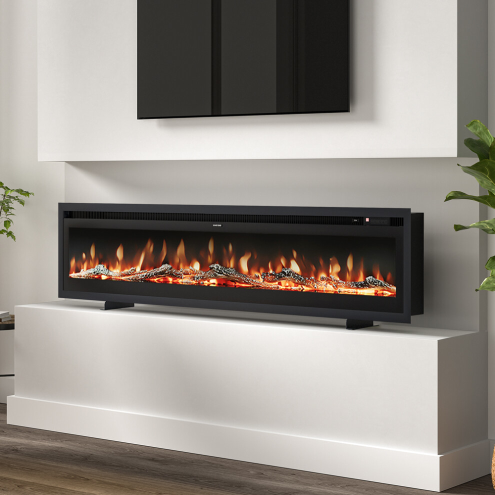 70 Inch 1800W Recessed Wall Mounted Electric Fireplace, Black