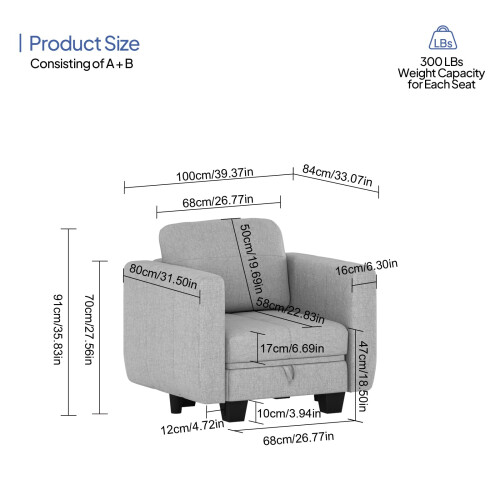 (Single Sofa) Hello-5ive  Sofa Fabric Sofa Bed with Storage and Removable Back Cushion Covers 2