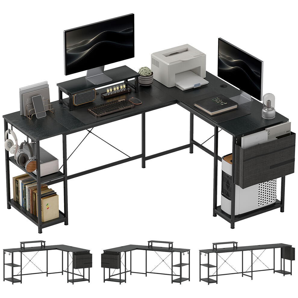 HOMCOM 168cm Reversible L Shaped Desk, 240cm Two Person Desk, Black