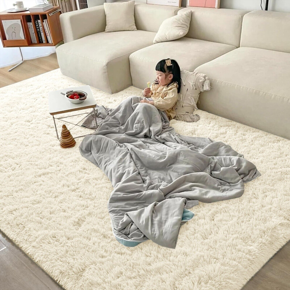 (160cm x 230cm (5ft 4in x 7ft 8in)- Large Rugs For Bedroom Living Room Floor/Indoor Outdoor Carpet Ru) Cream Rugs Non-Slip Shaggy Livingroom Bedroom M-image-OPC-PFXYQJJ-NEW
