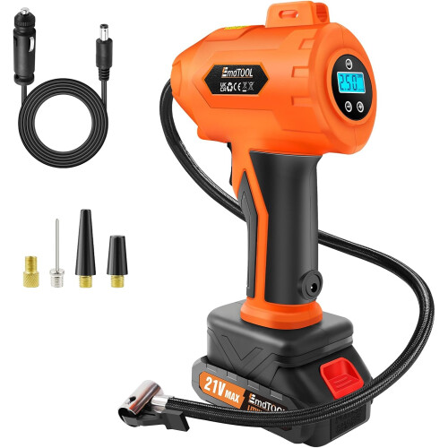 (Orange) 21V Cordless Tyre Inflator Air Compressor Car Tyre Pump Car Tyre Inflator Air Compressor with Battery and 3 Adaptors for Car Motorcycle Bicycle