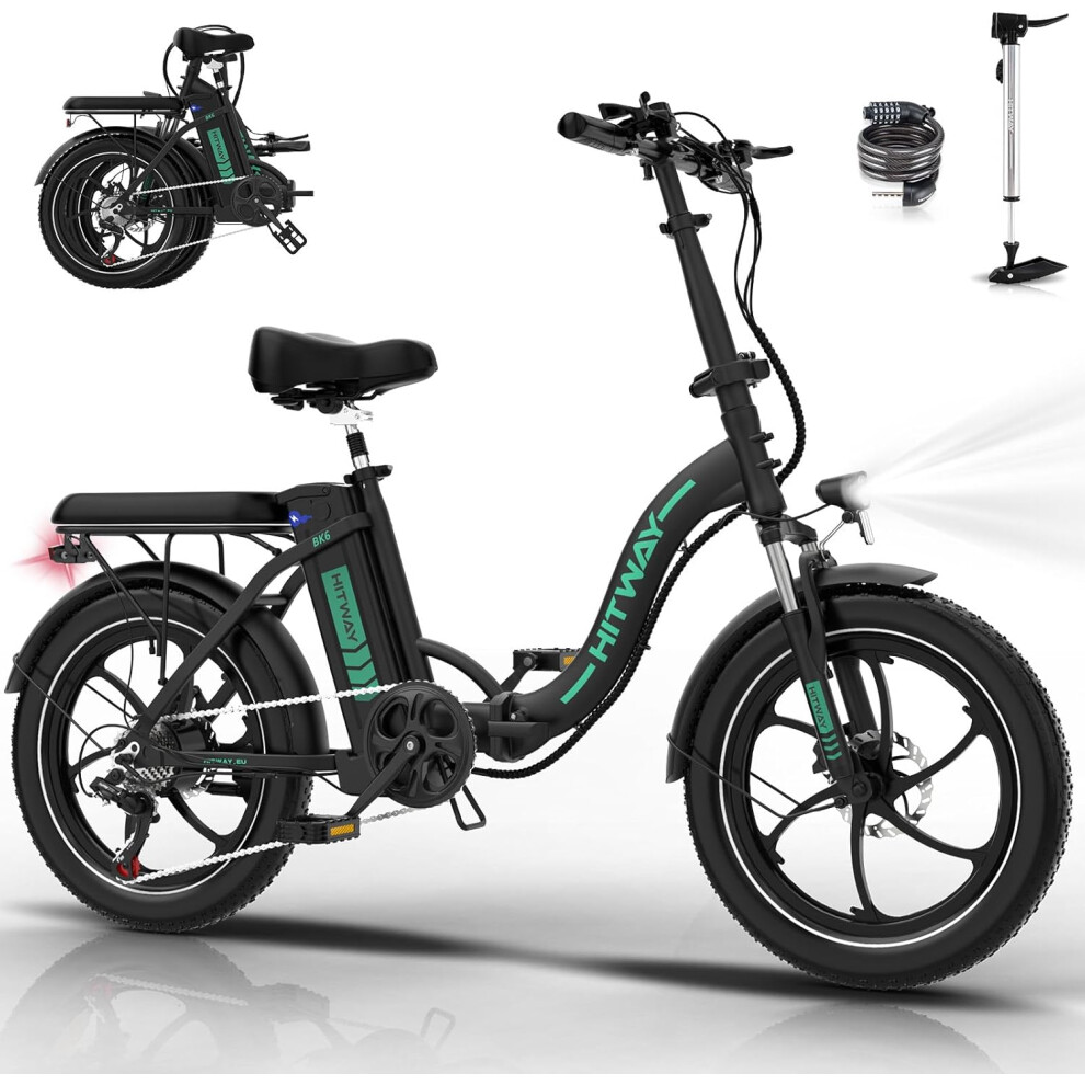 (Black) Hitway Electric Bike BK6SL - 20*3.0 Inch Foldable City Commuter EBike With Removable 36V 13Ah Battery