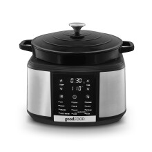 GF16012 Good Food Electrical Dutch Oven with 12 Cooking Pre-sets, Removable Cast Iron Pot, Cast Iron, 12 Hour Timer, 1500W, Black & Stainless Steel