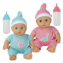 Twin Baby Dolls with Bottles (TO94164) – 30cm Hard Body, Striped Rompers, Pretend Play, Window Gift Box