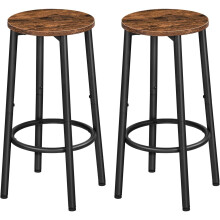 Set Of 2 Industrial Design Rustic Brown Round Wooden Bar Pub Stools Chairs Seats