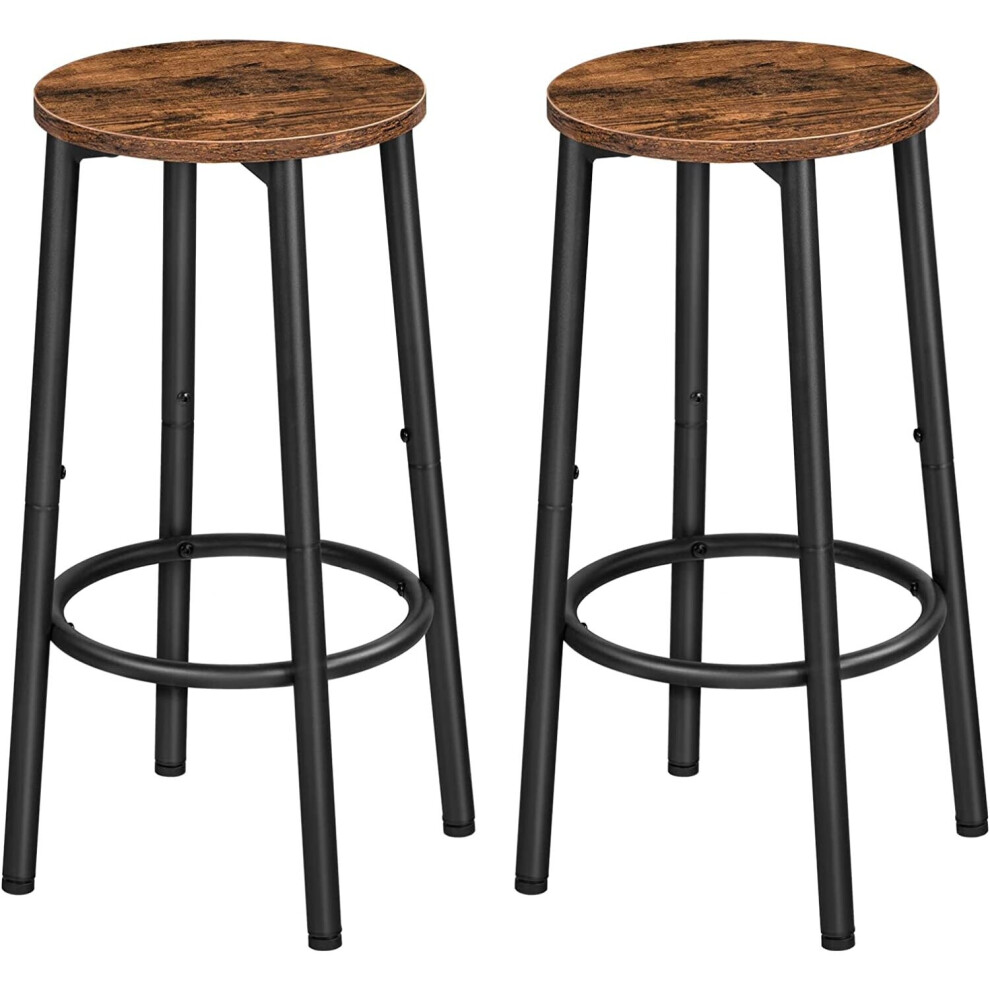 Set Of 2 Industrial Design Rustic Brown Round Wooden Bar Pub Stools Chairs Seats
