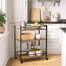 3 Tier Rolling Industrial Design Rustic Look Wooden Kitchen Cart Trolley With Wheels