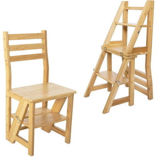 Bamboo Folding Fold Up Library Step Ladder Chair Home Kitchen Office