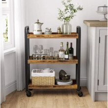 Wooden/Metal Industrial Look Rustic Narrow Rolling Kitchen Serving Cart Shelf Organiser Trolley With Wheels