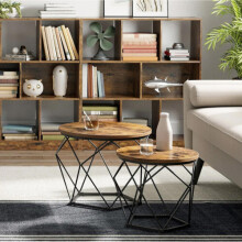 2 x Set Of Round Industrial Look Rustic End Nesting Side End Tables Stools With Crystal shape Metal Frame