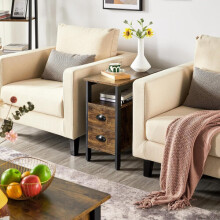 Industrial Look Rustic Wooden Narrow Space Saving End Bed Side Coffee Table Nightstand With 2 Drawers