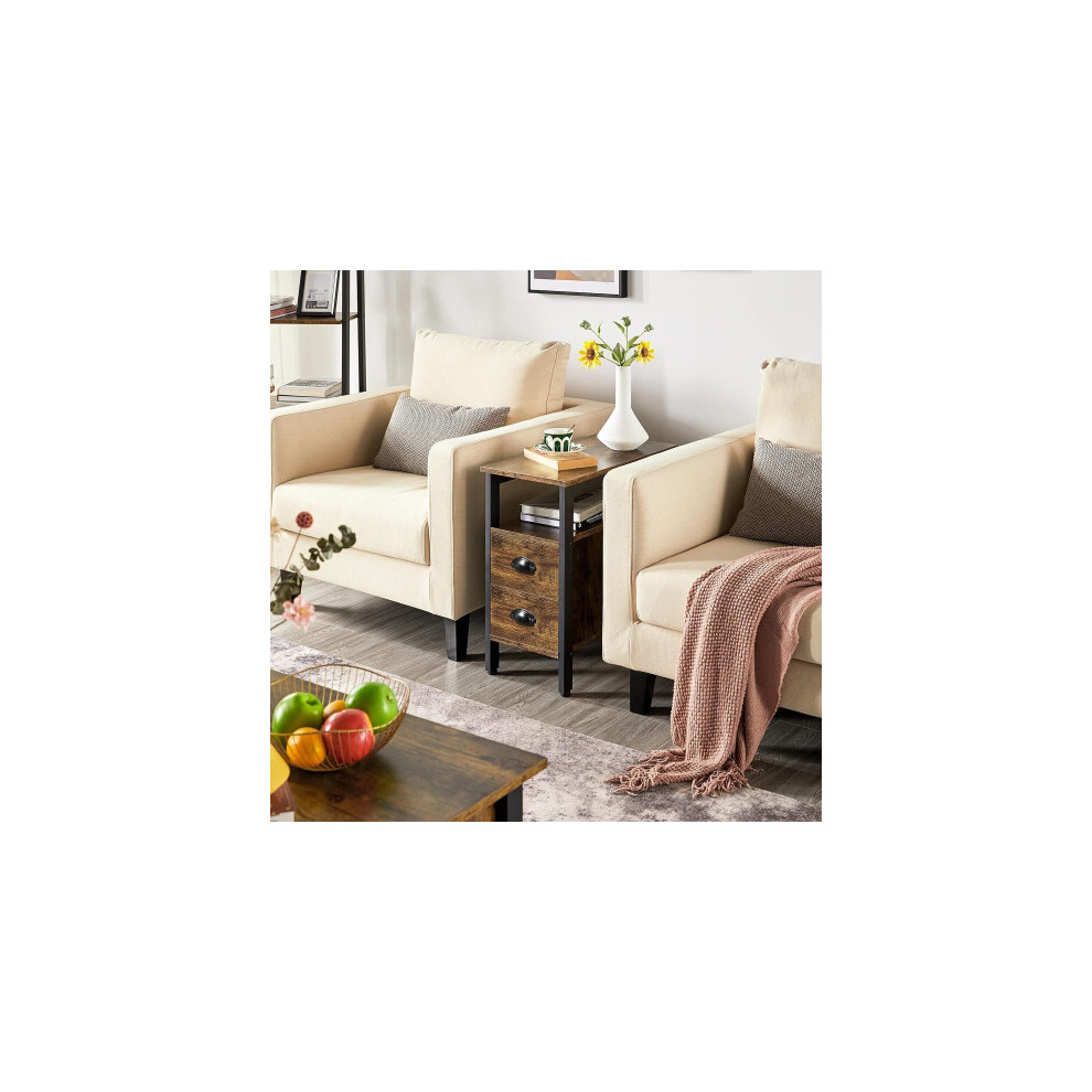 Industrial Look Rustic Wooden Narrow Space Saving End Bed Side Coffee Table Nightstand With 2 Drawers