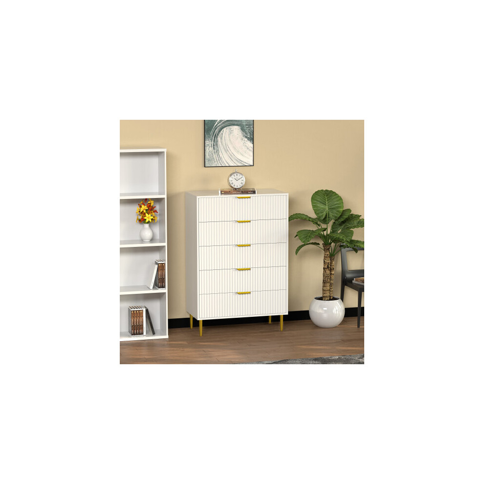 Floor Standing White Wooden Fluted Kitchen Bed Living room Chest of 5 Drawers Dresser Console Hallway Furniture Home