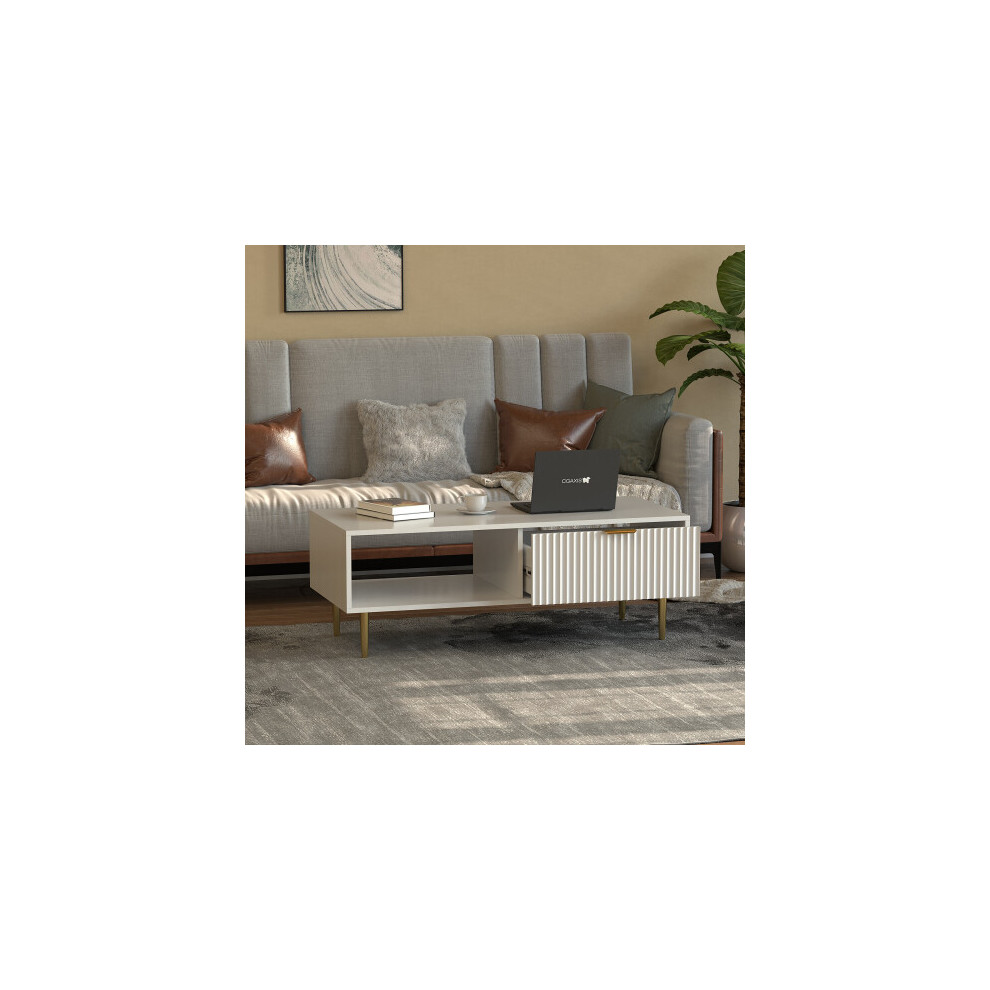 Hygrad Built To Survive Free Standing White Wooden Fluted Low Height Coffee Centre Table Drawer Storage Home Living Room Furniture