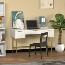 121cm Wide Free Standing White Wooden Fluted Chic Writing Study Computer Desk Vanity Console Dressing Table 3 Drawers With Gold Metal Frame