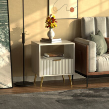 Free Standing Chic White Wooden Fluted Bedside Sofa End Table Nightstand Bedroom Living RoomHome