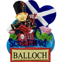 (Balloch) Resin Fridge Magnet Piper with Scottish Saltire Heart Scottish Place Name