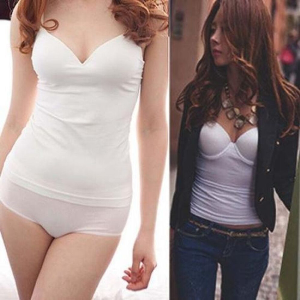 (L, beige) Women Padded Bra Spaghetti Strap V Neck Vest Tank Tops Shirt Blouse