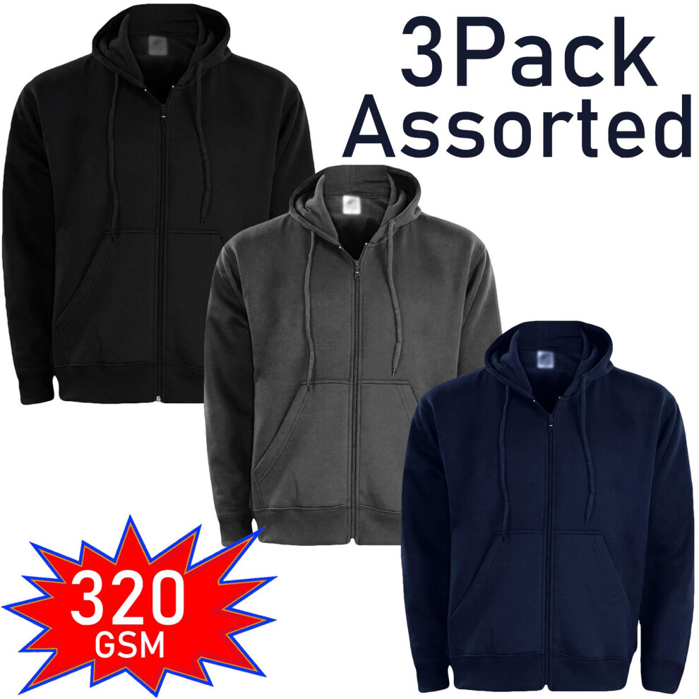 (Assorted - 3 Pack, S) 2,3Pack Mens Plain Hoodie Fleece Zipper Jacket Top