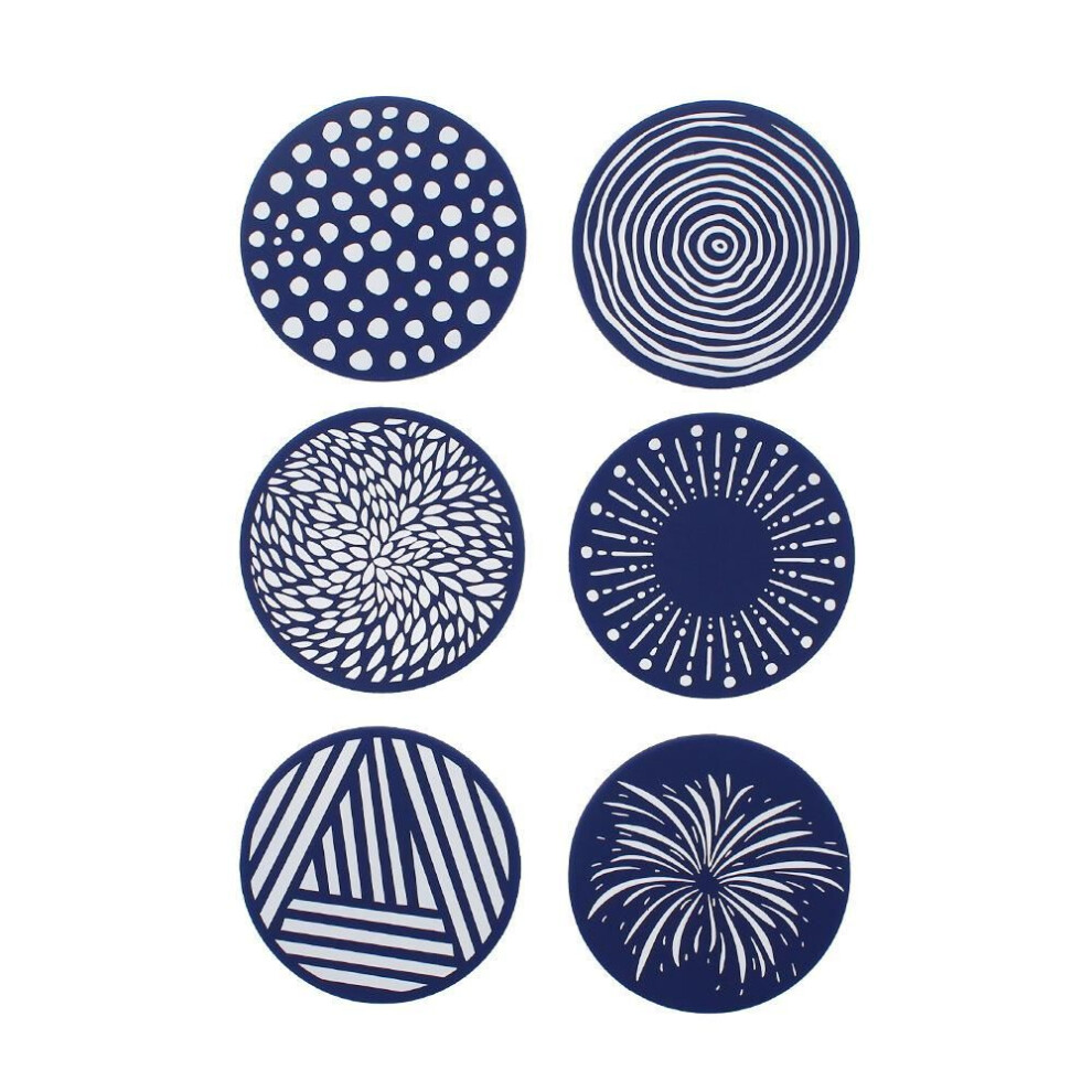 (navy blue,white, 6 mat +1 iron) Silicone Coaster Round 9.8cm Coffee Coaster Set Non-slip Insulation Mat Teacup Mat