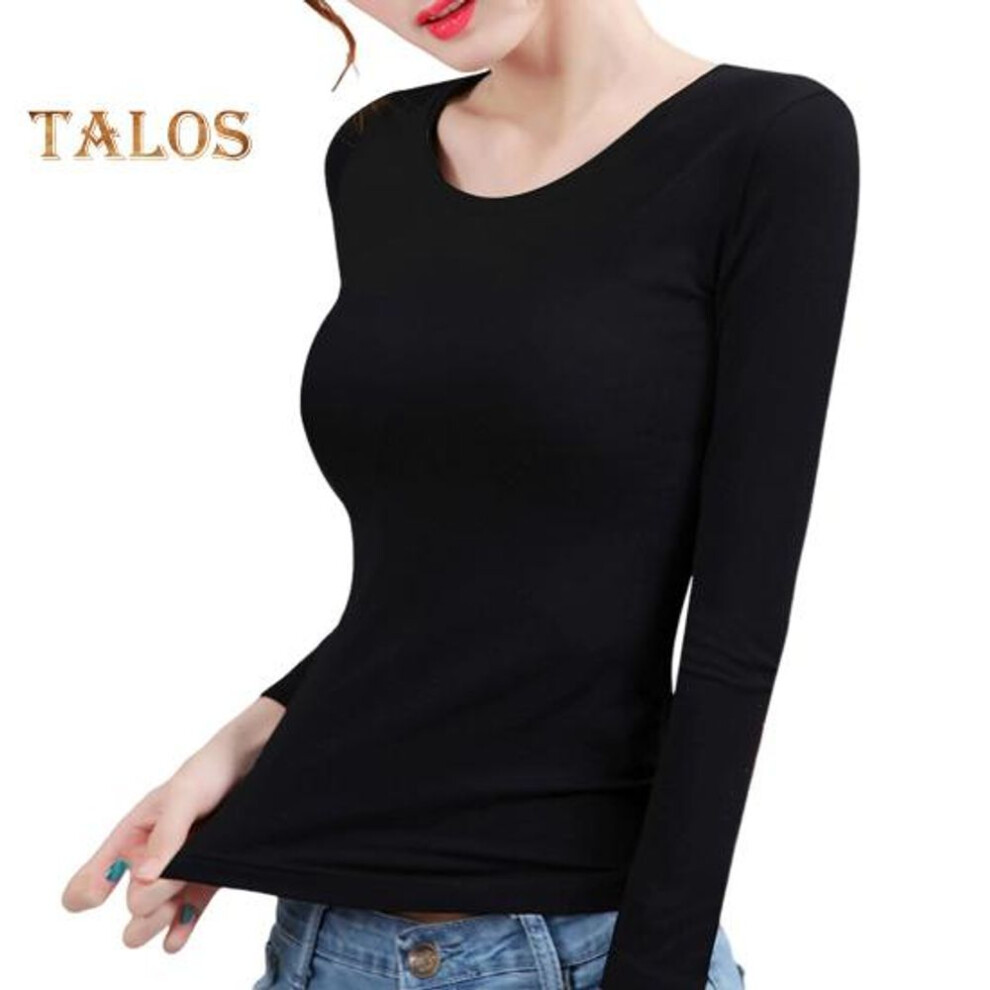 (2XL, black) Women Thermal Tops Round Neck Long Sleeve Velvet Lining Bottoming Tops Slim Fit Solid Color Warm Tee Shirt