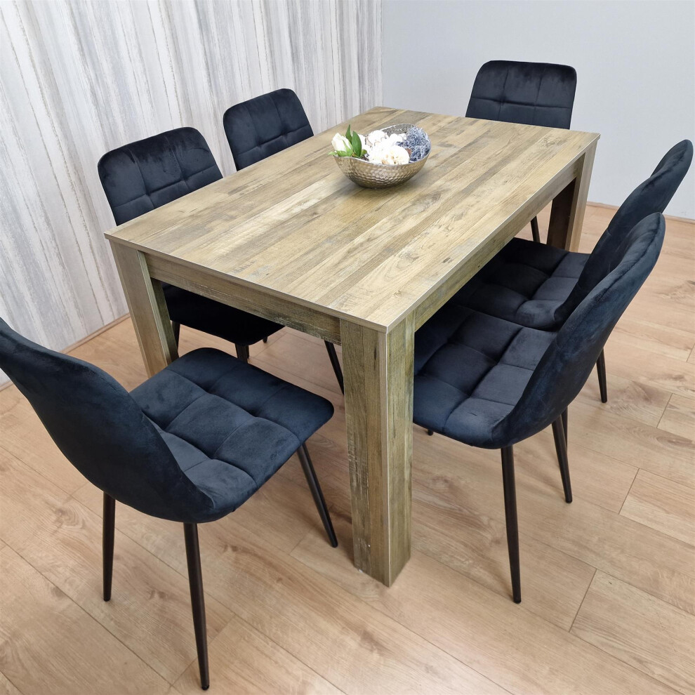 Dining Table and 6 Black Velvet Chairs Rustic Effect Wood Dining Room
