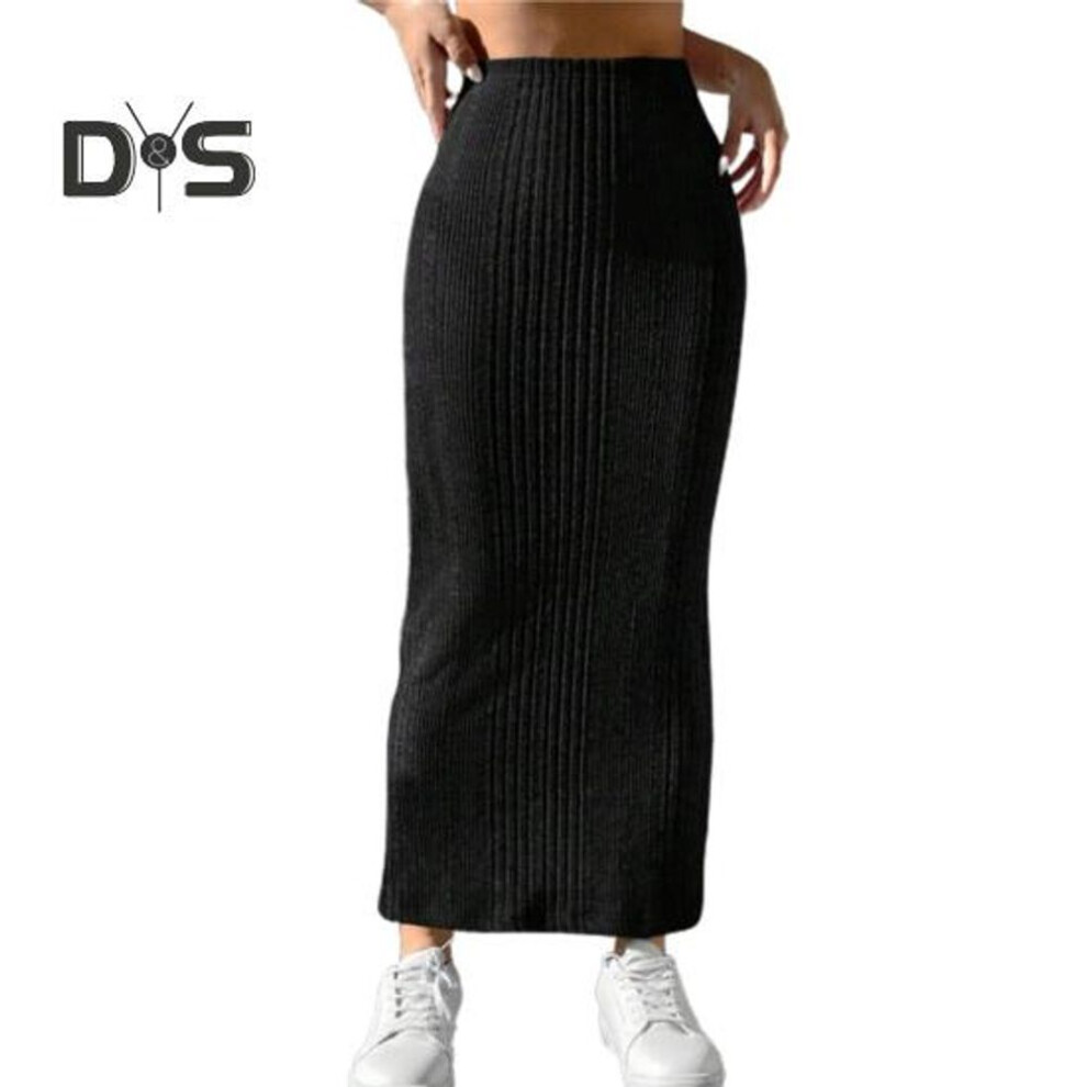 (L, black) Women Fall Winter Skirt High Waist Knitted Elastic Thick Warm Ankle Length Striped Slim Fit Soft Sheath Lady Maxi Skirt