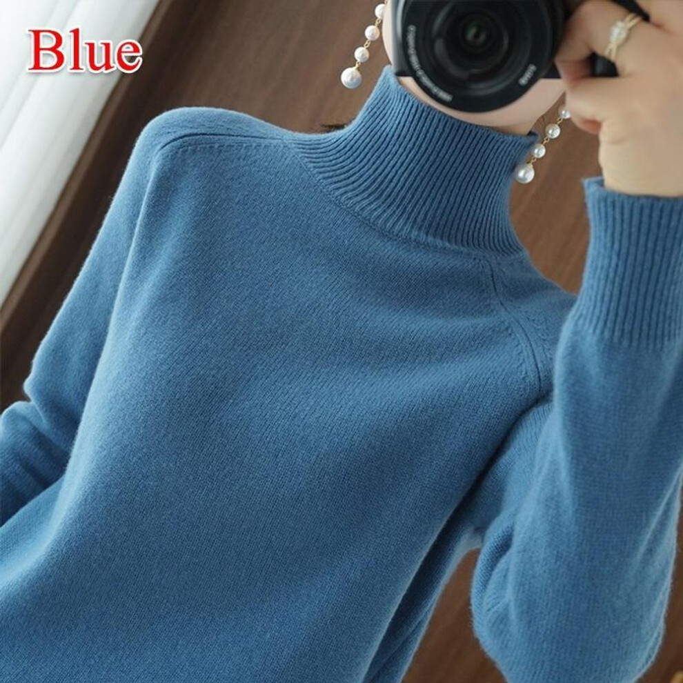 (S, blue) Wool Pure Cashmere Sweater Women Pullovers Pull Femme Autumn Winte High Neck Knitting Sweaters Ladies Turtleneck Jumper