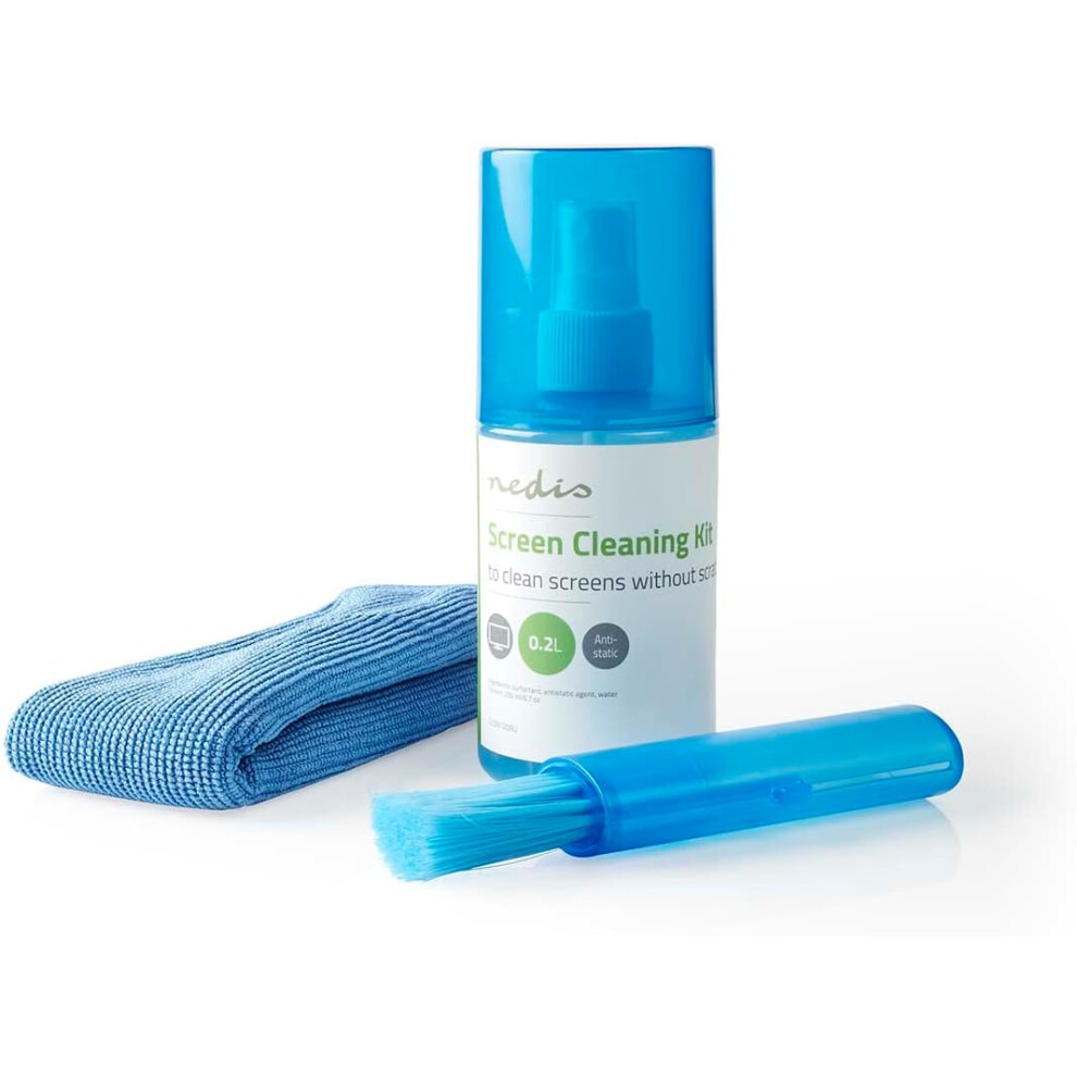 NEDIS Screen Cleaner Kit for TV, PC, Smartphone & Tablet, 200 ml Spray, Brush & Pearl Cloth