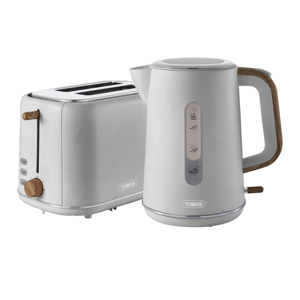 Tower Scandi Kitchen Set, 1.7L Rapid Boil Kettle & 2 Slice Toaster, Dove Grey, T10037GRY, T20027GRY