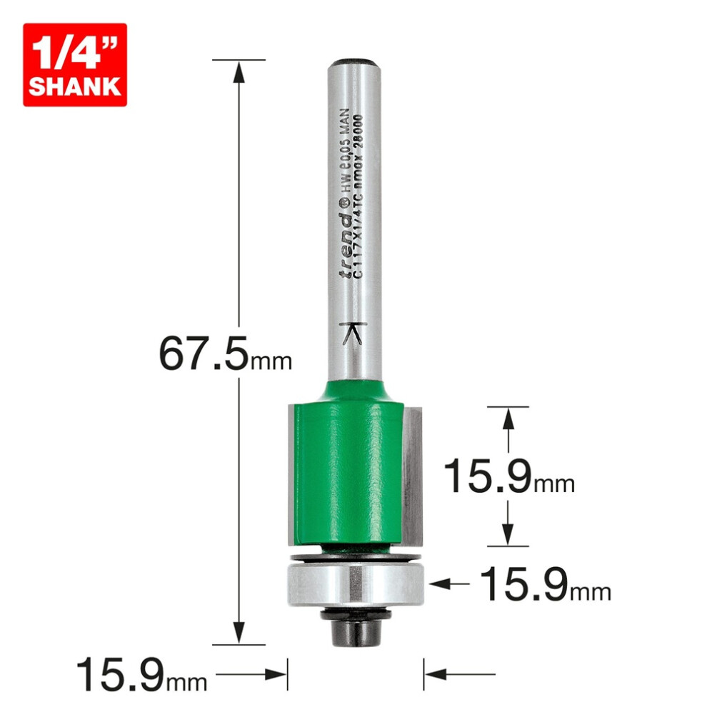 C117X1/4TC - 1/4 Shank Guided Trimmer 15.9mm diameter of Trend