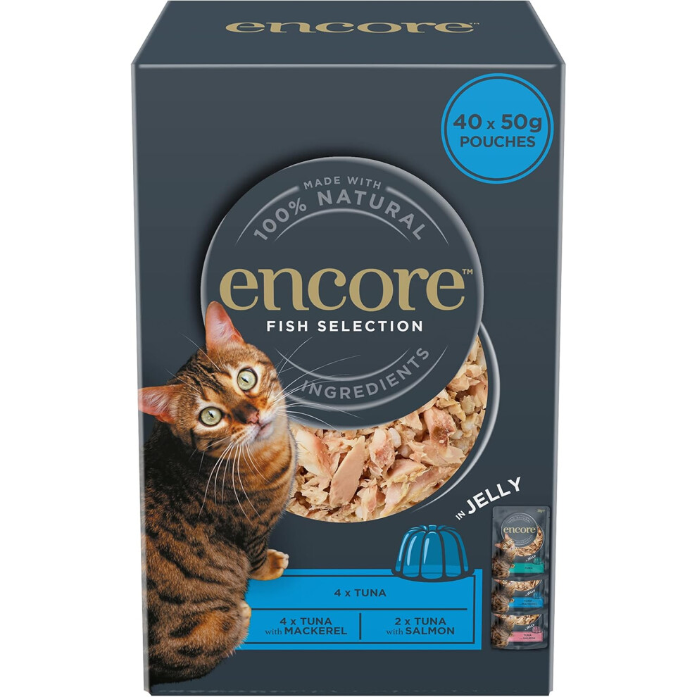 Encore 100 Percent Natural Wet Cat Food, Multipack Fish Selection In Jelly Pouch, 50g (Pack Of 40 Pouches)