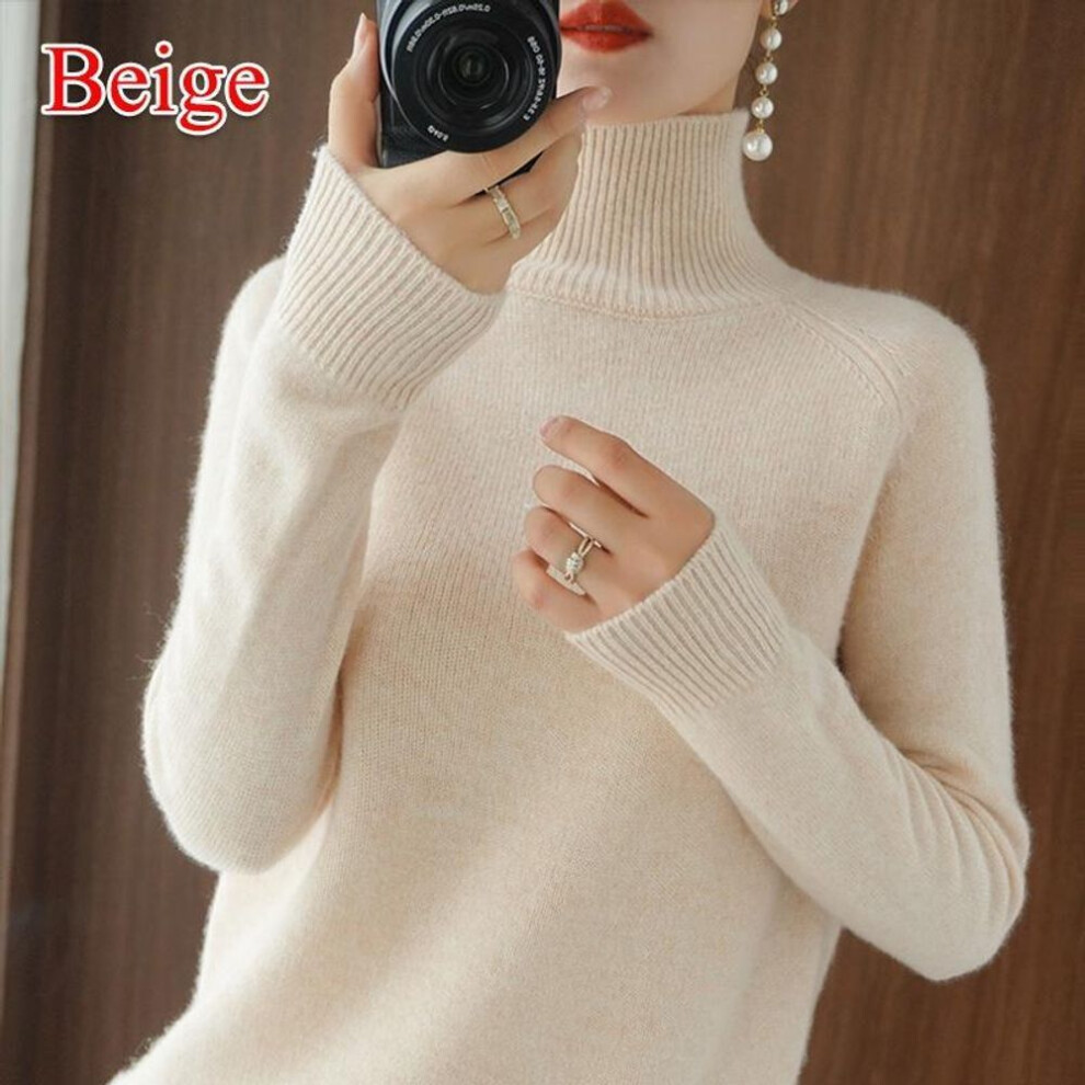 (M, beige) Wool Pure Cashmere Sweater Women Pullovers Pull Femme Autumn Winte High Neck Knitting Sweaters Ladies Turtleneck Jumper