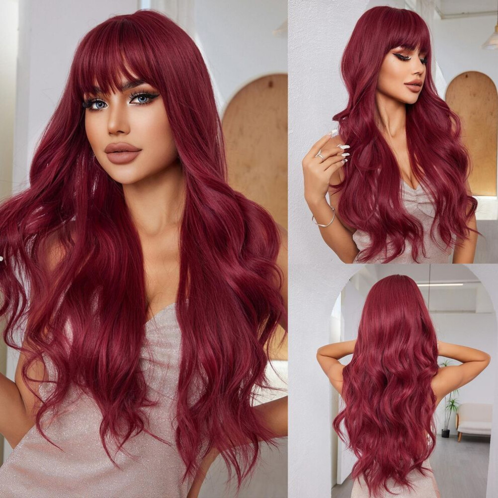 Alan Eaton Long Curly Wavy Red Synthetic Hair Wigs With Bangs Long Women Darty Wigs Daily Cosplay Wig Heat Resistant Fiber Wigs