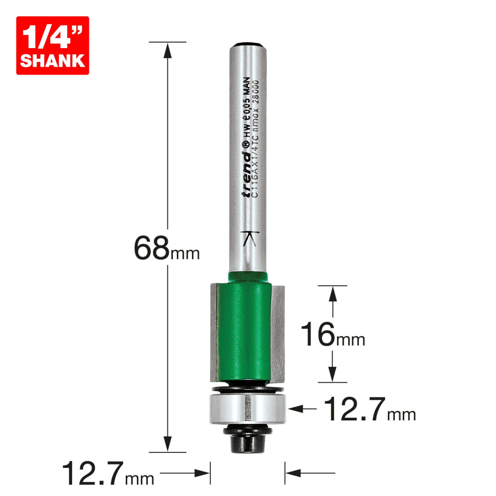 C116AX1/4TC 1/4 Shank Self Guided Trimmer 12.7mm Diameter Router Bit