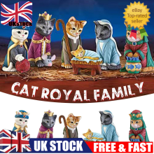 6x Cat Nativity Set Cute Scene Christmas Figurines Manger Figures Baby Kitten UK