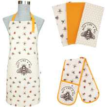 (Bumble Bee) 5-Piece Kitchen Linen Set: Apron, Double Oven Gloves & 3 Tea Towels