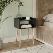 (Black) Modern Bedside Table Storage Display Unit with 2 Shelves & Solid Pinewood Legs