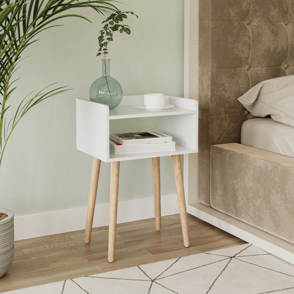 (White) Modern Bedside Table Storage Display Unit with 2 Shelves & Solid Pinewood Legs