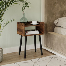 (Rustic Brown) Modern Bedside Table Storage Display Unit with 2 Shelves & Solid Pinewood Legs