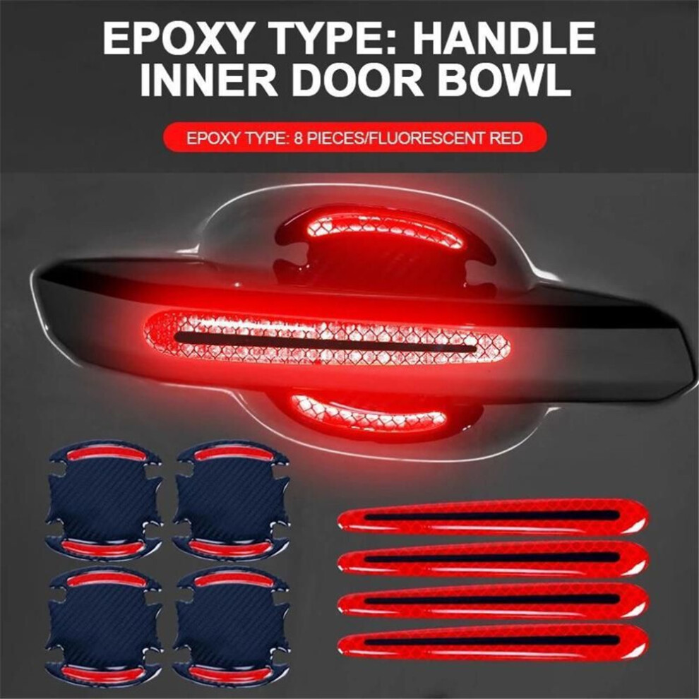 (red) 8 General-purpose 3D Carbon Fiber Car Door Handle Stickers Scratch-resistant Stickers Car Safety Reflective Strip Car Stickers