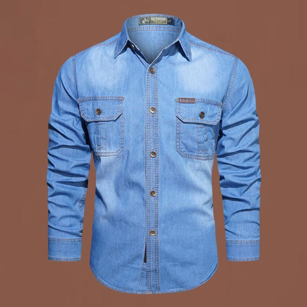 (light blue, L) Autumn Denim Long Sleeve Shirt Men&apos;s Casual Cotton Washed Men&apos;s Denim Shirt