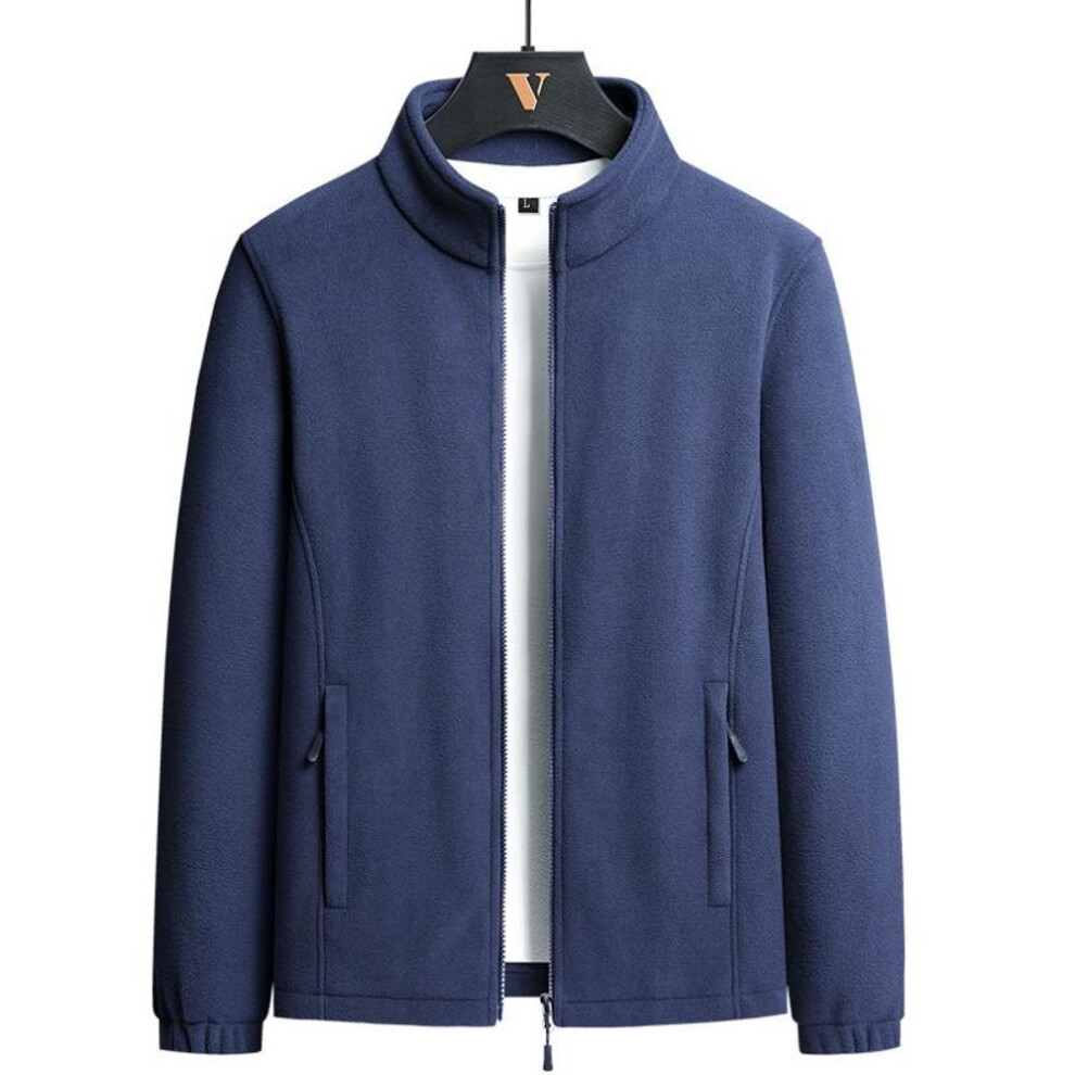 (navy blue, XXXXL) Spring And Autumn Men&apos;s Fleece Sports Jacket Fleece Sweater Solid Color Stand Collar Cardigan Coat