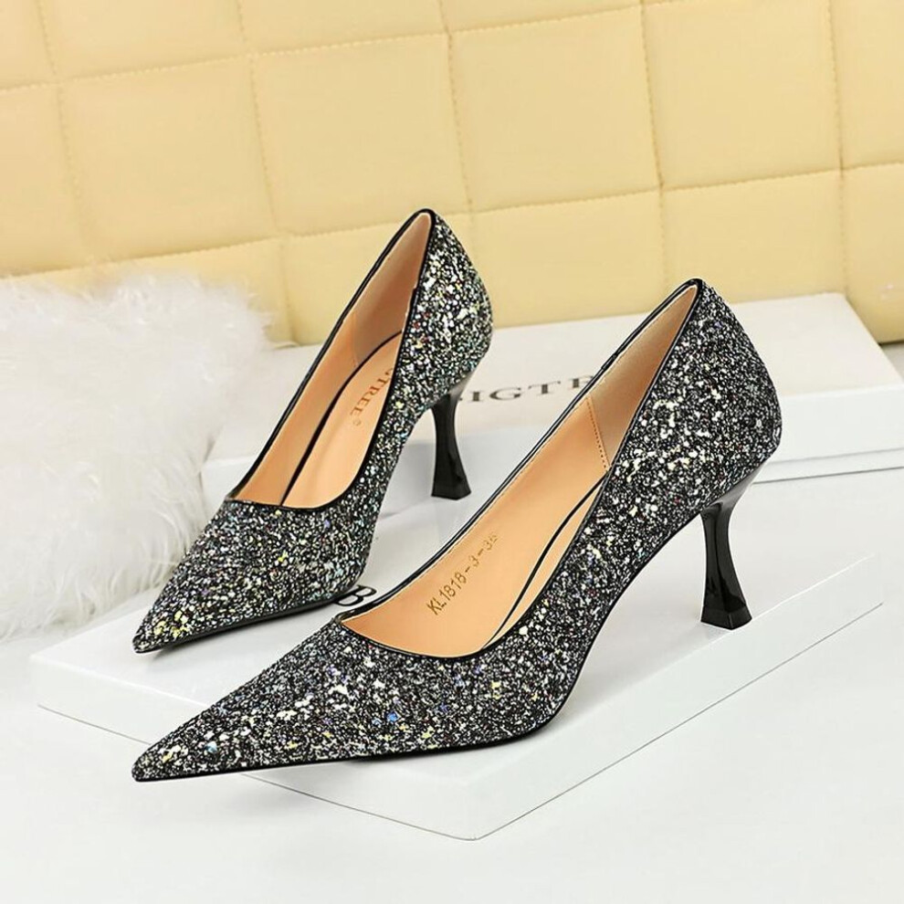 (black, 40) Women's Fashion Banquet High Heels Metal Heels, High Heels Shallow Mouth, Pointed Toe, Shining Shining Sheep Cloth Single Shoes