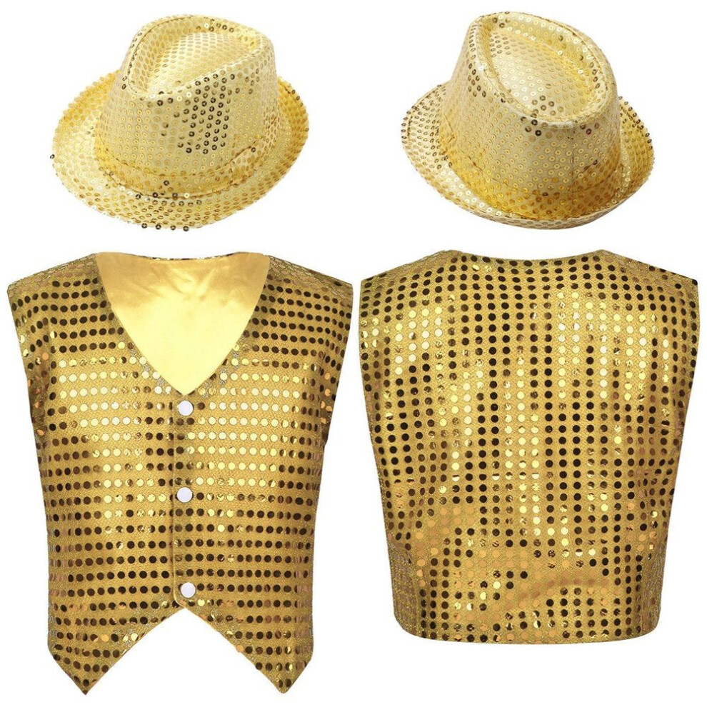 (gold, 9-10 Years) Kids Boys Glittery Sequined Waistcoat With Hat For Jazz Dance Stage Performance Costume