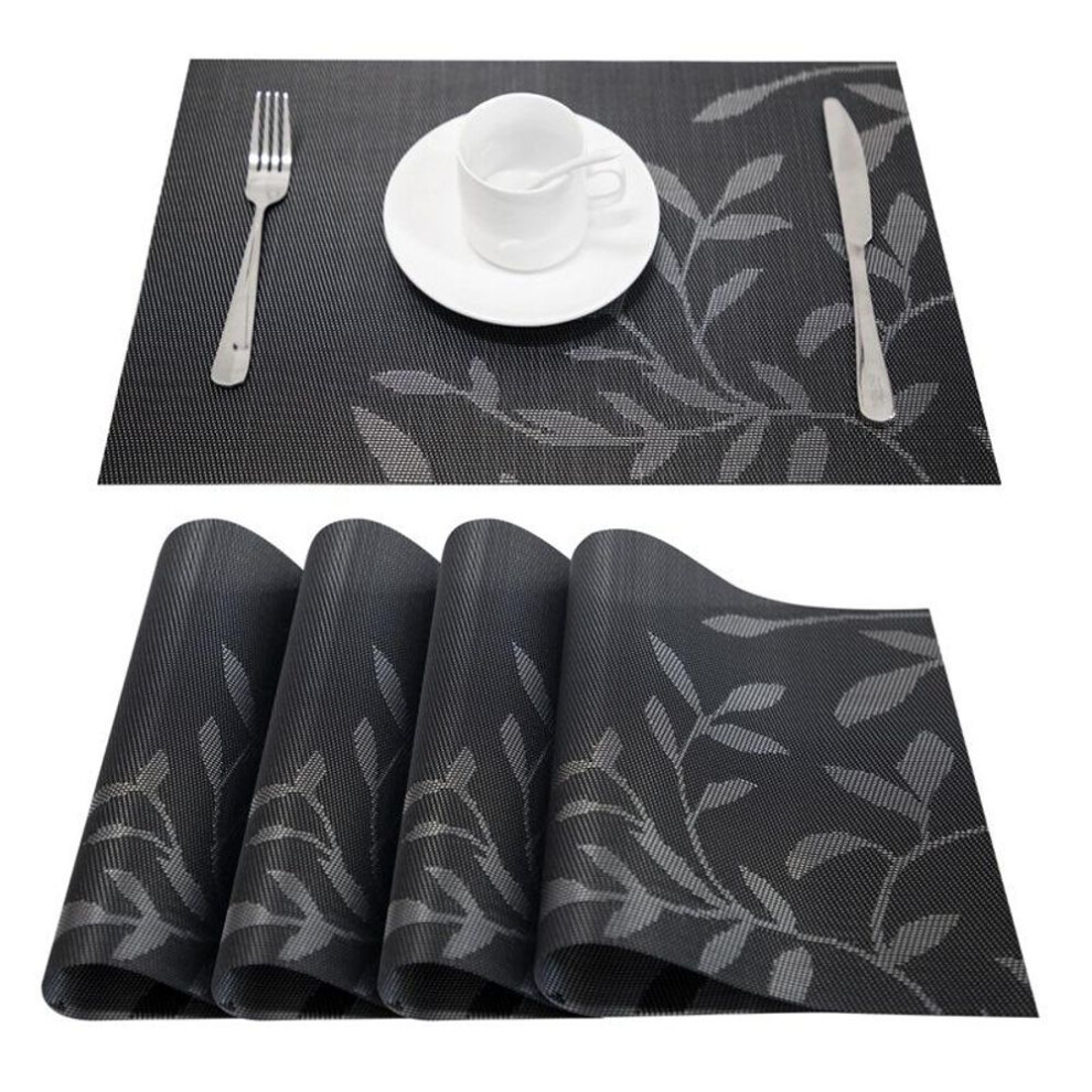 (black) 4pcs Table Mat Leaf Print Pvc Placemat Modern Kitchen Table Pads Cup Coasters For Coffee Dining Table Napkins Home Decoration
