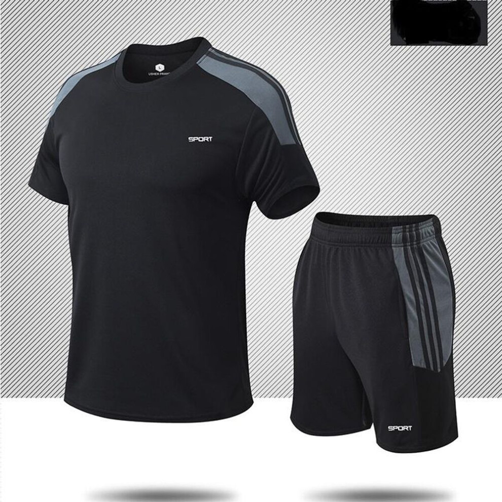 (black, XL) Summer Sports Suit Men&apos;s Round Neck Short Sleeve Quick Dry Running Clothes Fitness Training Clothes Two-piece Set