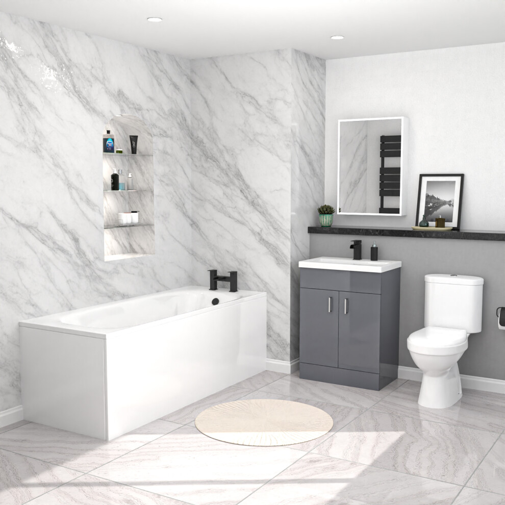 Nes Home 1700mm Bath, 600 mm Grey Vanity Basin Cabinet & Close Coupled Toilet